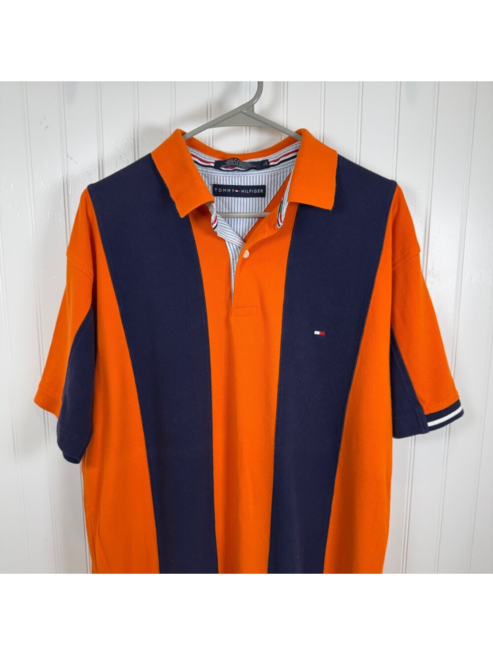 Vintage Y2K 2001 Tommy Hilfiger Mens Large Orange Navy Block Striped Polo Shirt